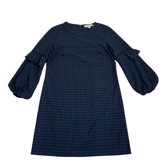 Loft Green And Navy Tartan Plaid Balloon Ruffle Sleeve A-line Mini Dress Sz 4 - Picture 13 of 16